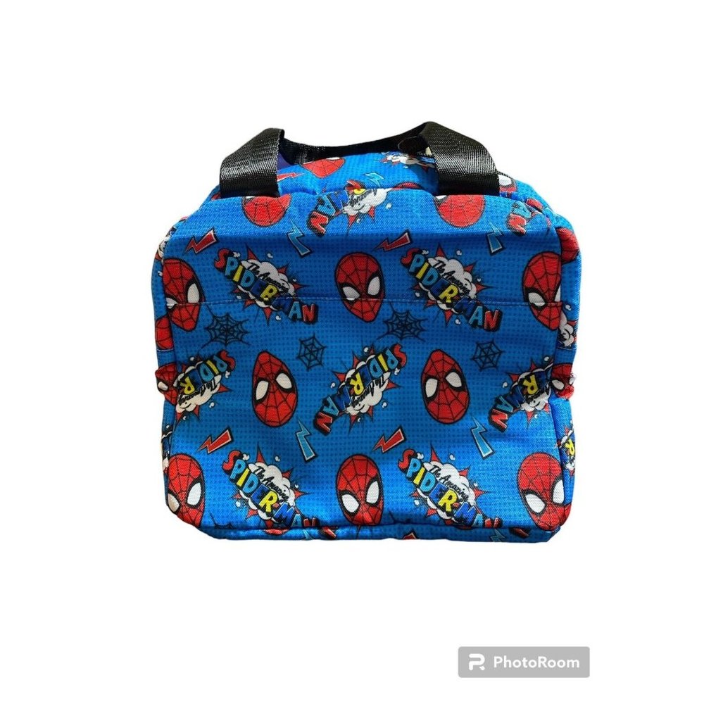 Spiderman Insulated Lunch Bag Blue Exterior Pocket 2 Handle Zip Closure